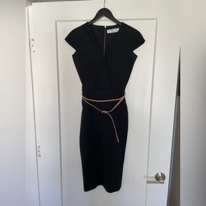 Victoria Beckham cap sleeved dress with full length back zip, wrap leather belt